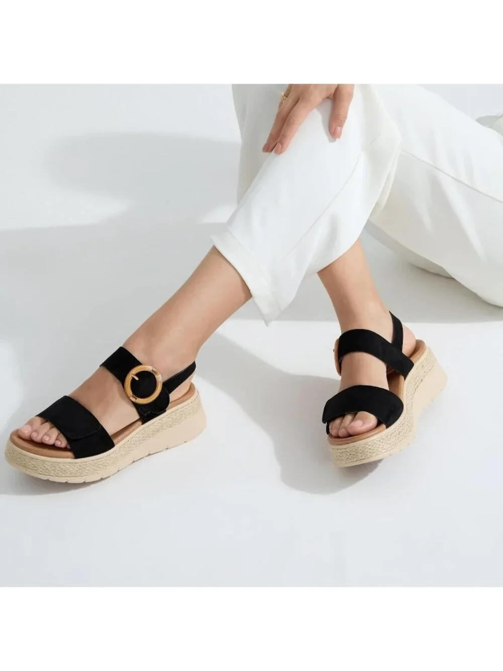 Women's Black Comfortable Solid Espadrille Low Wedge Heel Platform Sandal Shoes